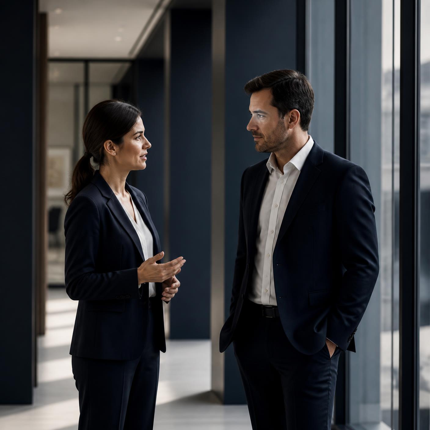 Two advisors in conversation in a modern office