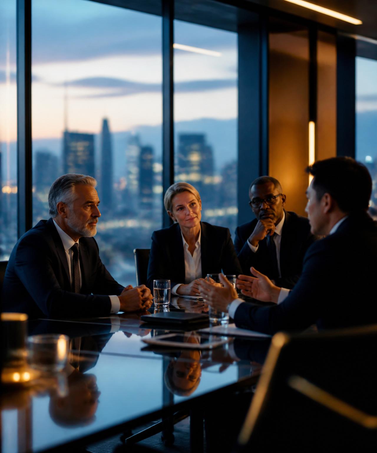 A global network of elite advisors gathered in an elegant boardroom overlooking an international skyline