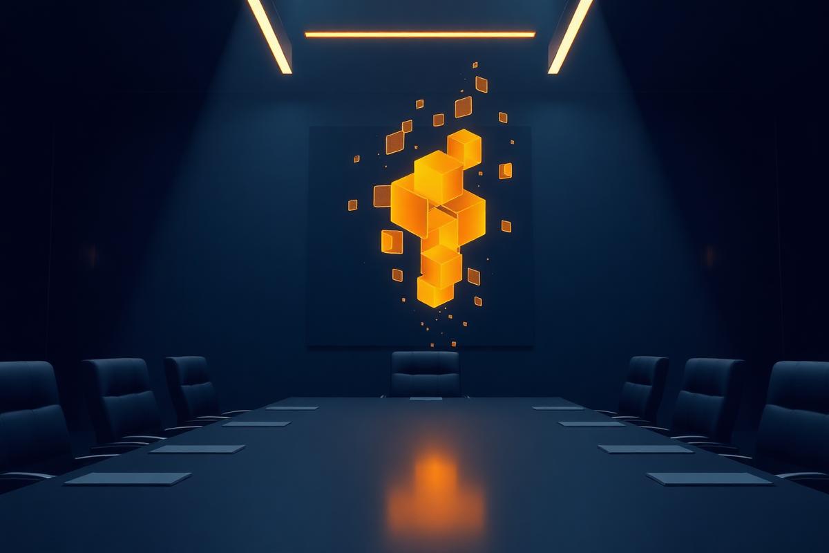 Illuminated saffron block structure floating above a darkened navy boardroom table