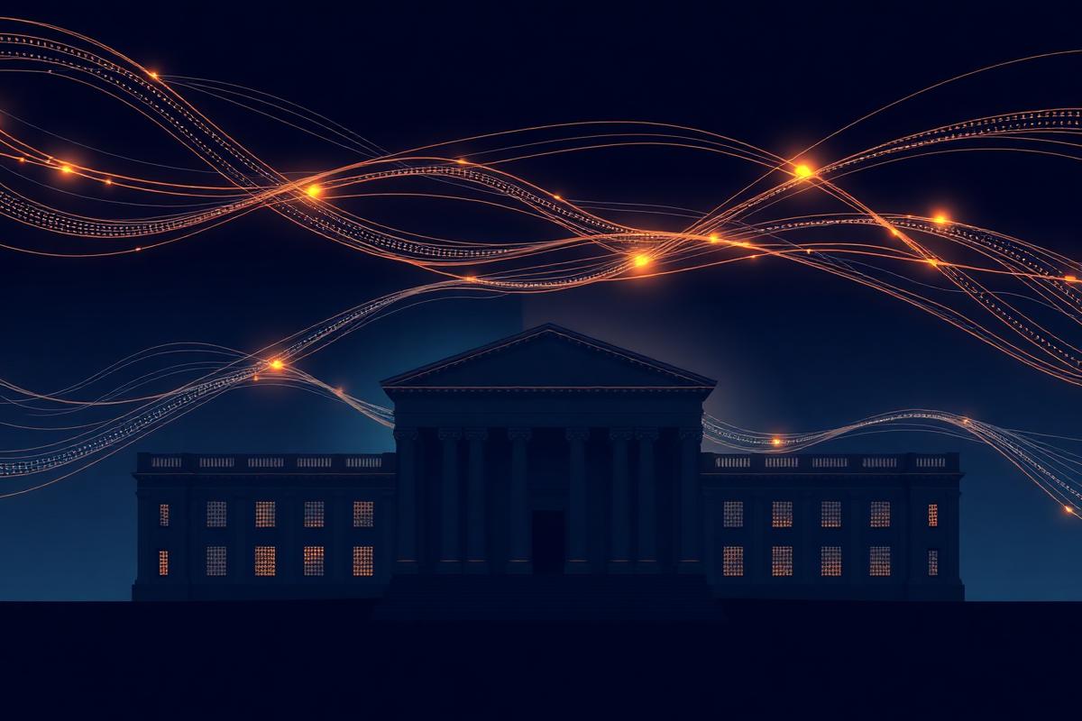 Abstract data ribbons flowing over a government building, representing AI and digital regulation