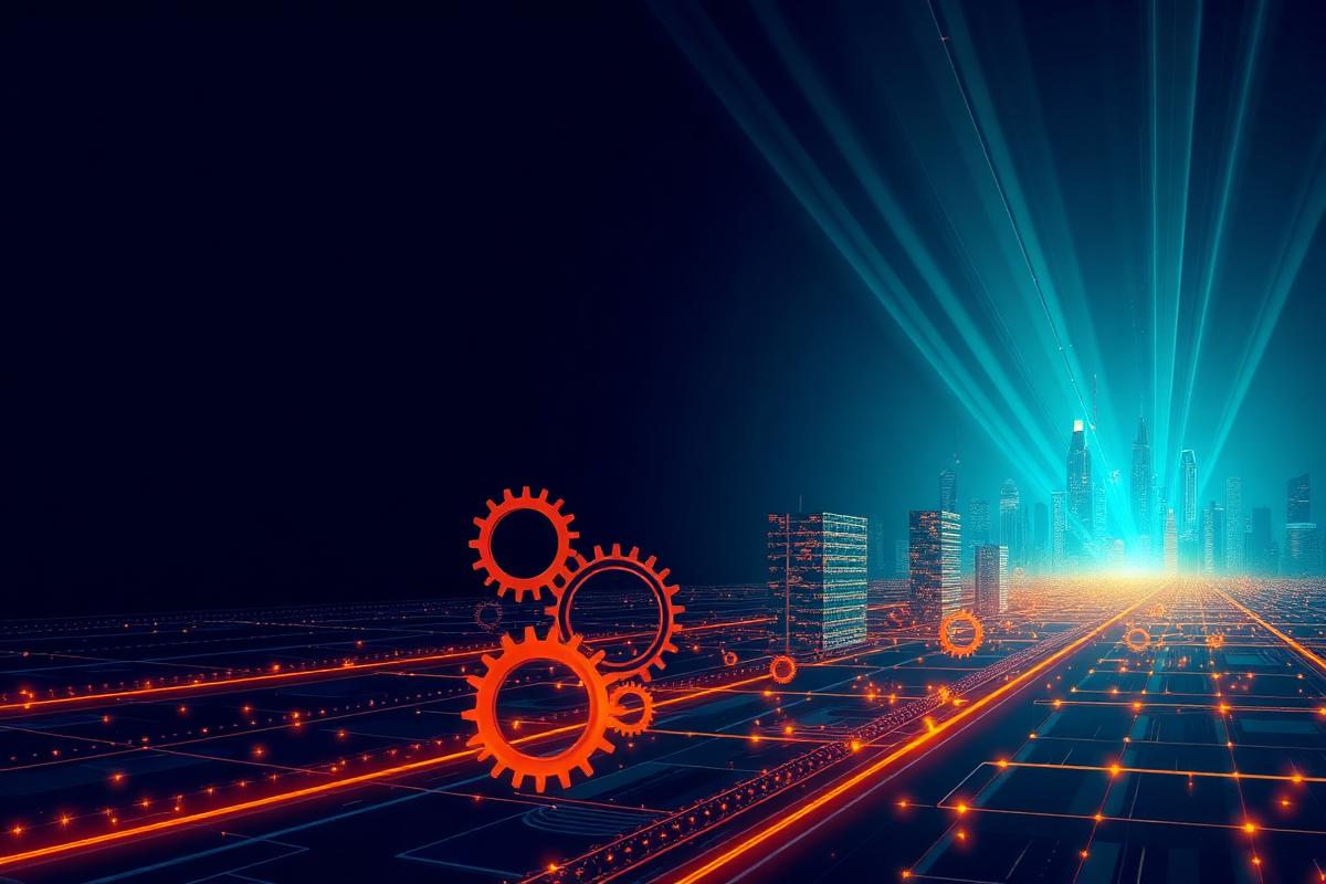 Saffron gears and data pathways leading toward an illuminated teal city skyline