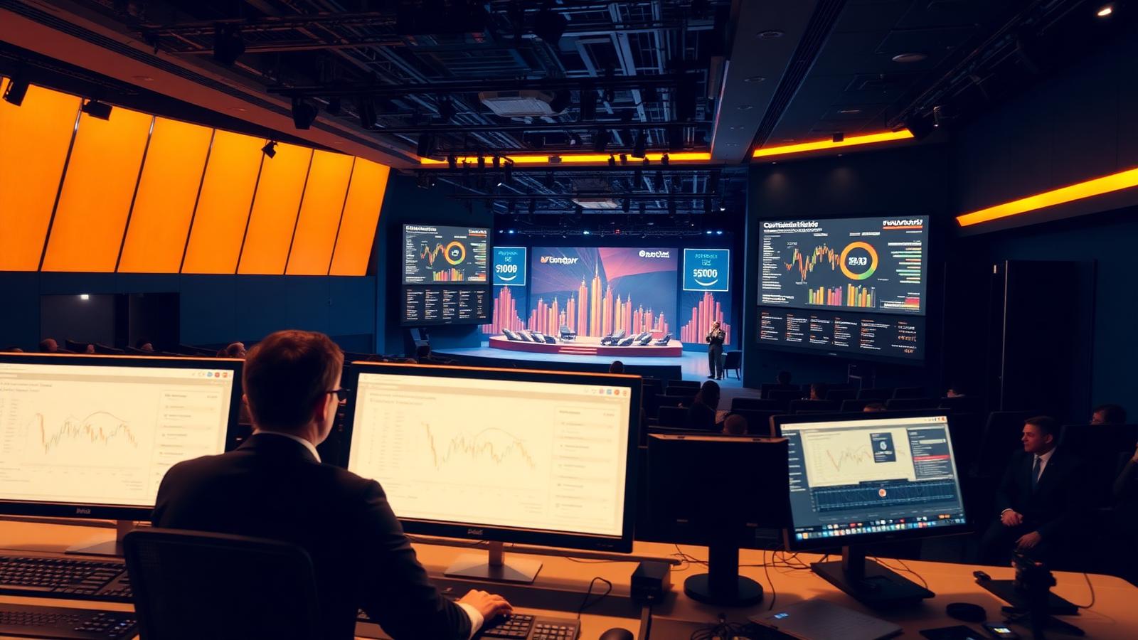Event technology control room with data dashboards overlooking a conference stage