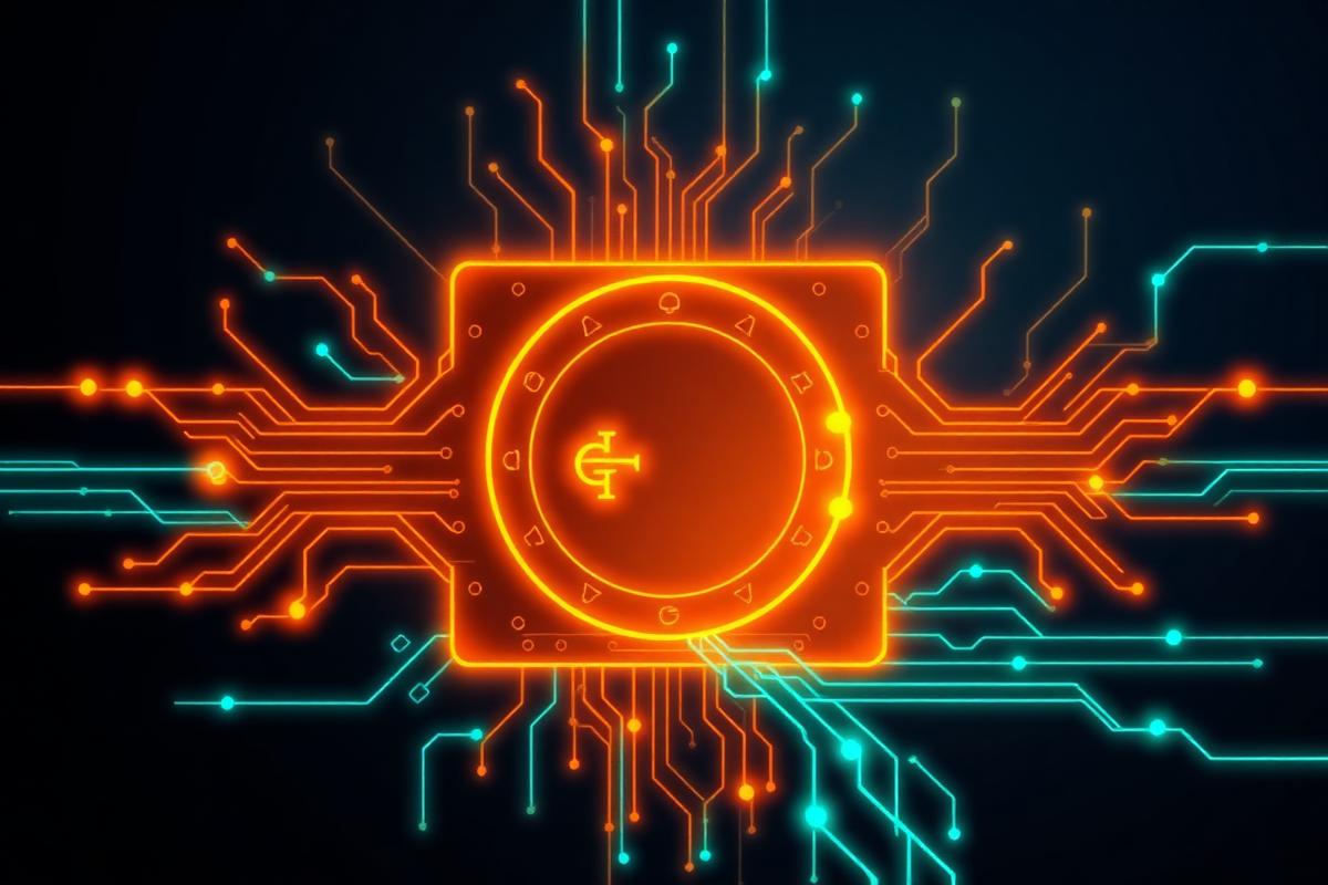 Saffron circuitry radiating from a glowing currency core with teal data streams