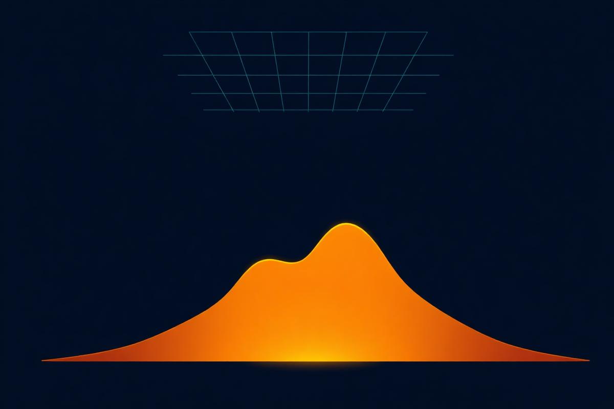Saffron growth curve flattening beneath a teal ceiling grid on a deep navy field