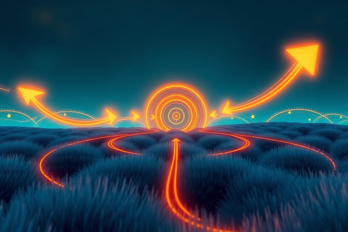 Saffron pathways and arrows converging on a glowing target over a navy landscape