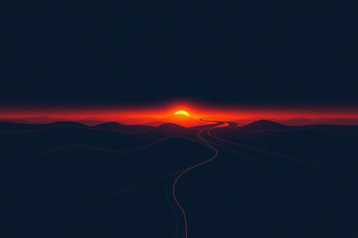 Glowing saffron horizon frontier with roadmap milestones receding across a navy landscape