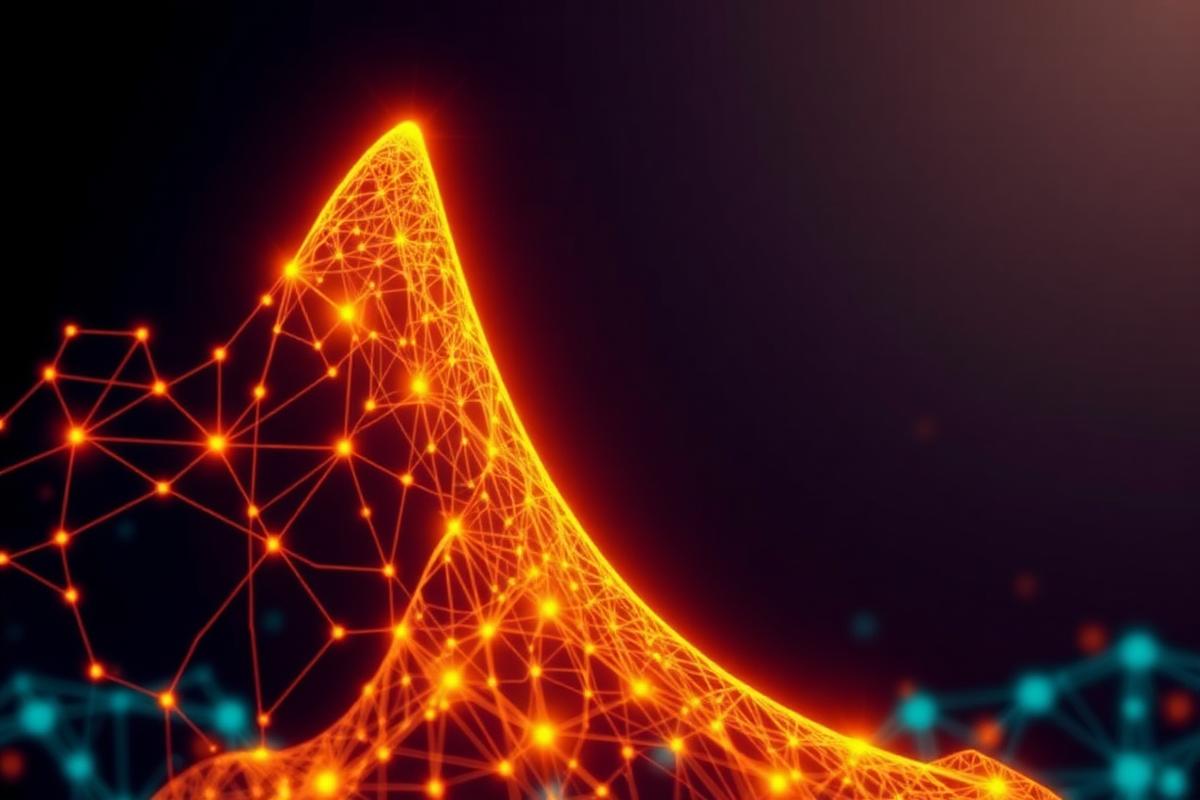 Glowing saffron neural lattice rising into a growth curve on a deep navy field
