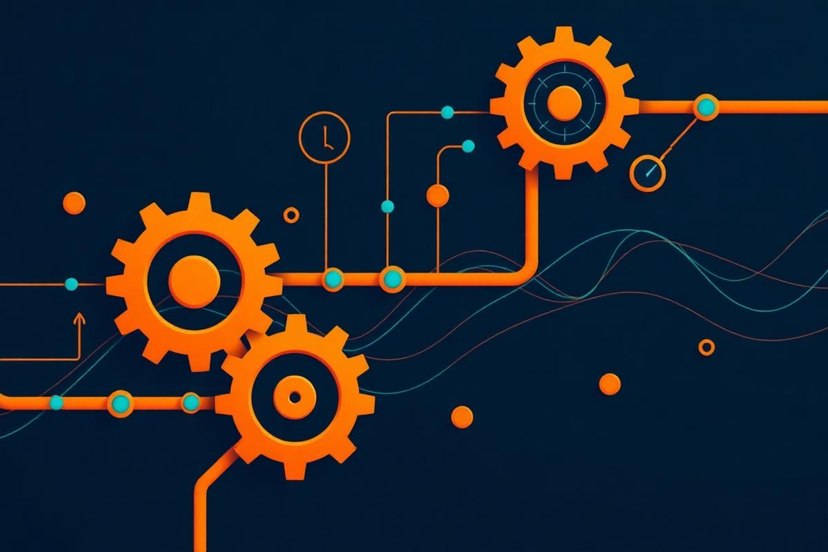 Saffron gears, pipelines and monitoring dials over drifting teal waveforms on navy