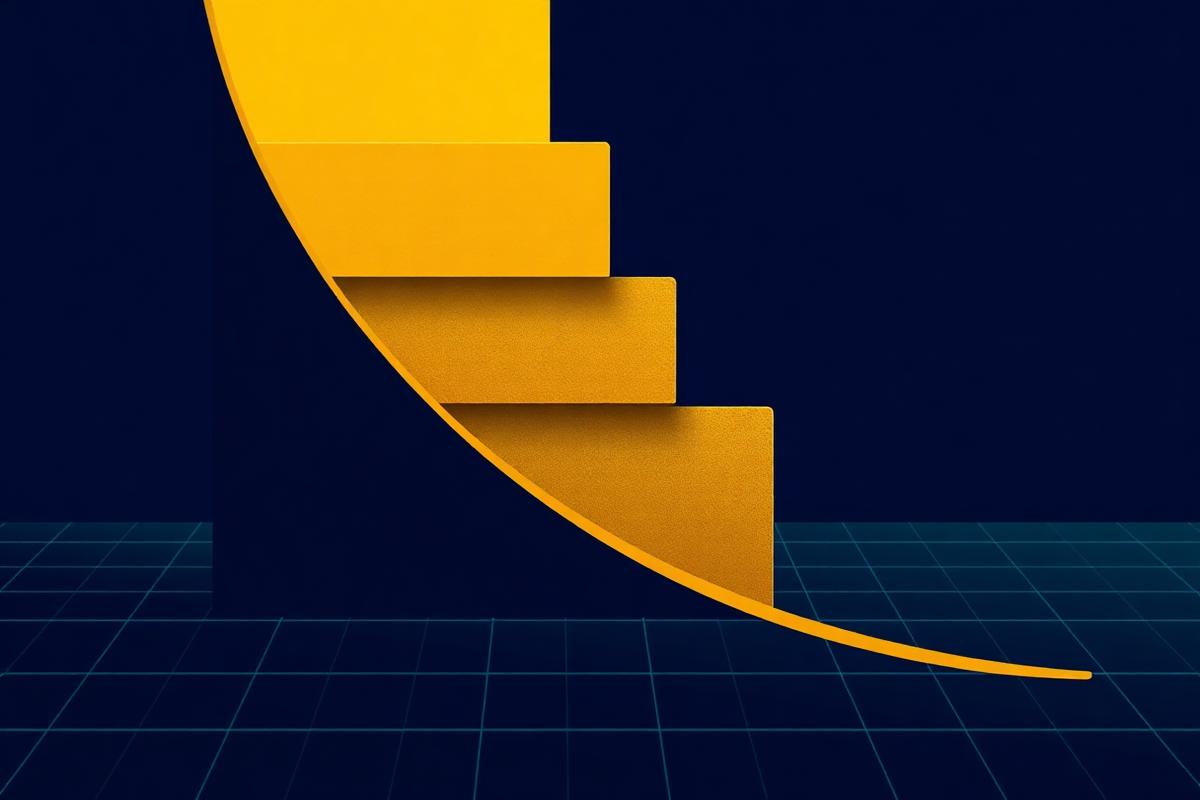 Descending gold cost curve over stacked blocks on a navy grid