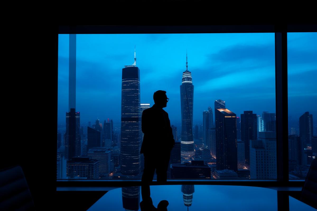 Executive looking out over an Asian business district skyline at blue hour
