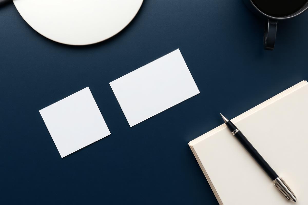 Minimal brand stationery flat lay on a navy desk