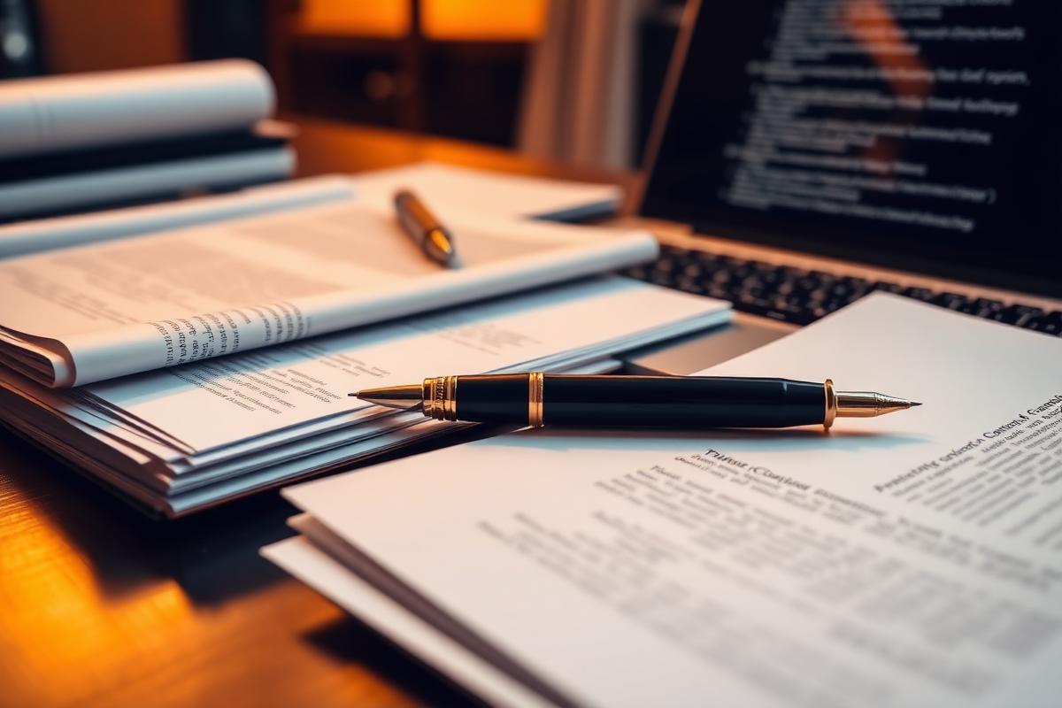 Editorial workspace with printed documents, a fountain pen and a laptop showing structured text