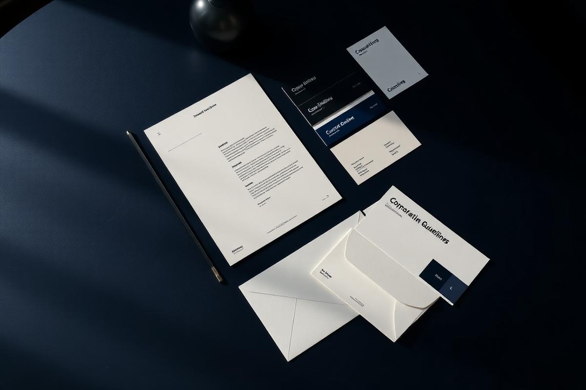 Corporate brand identity system and printed guidelines on a navy desk