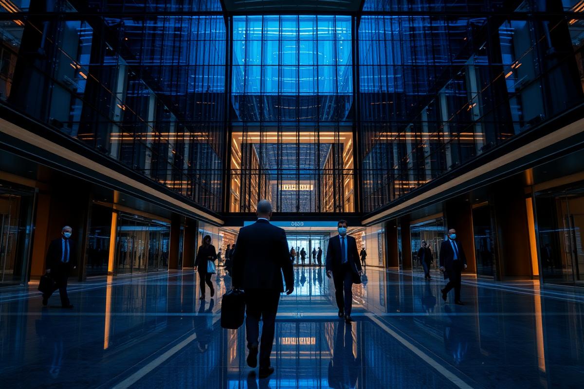 Corporate headquarters lobby of a multinational organisation at blue hour