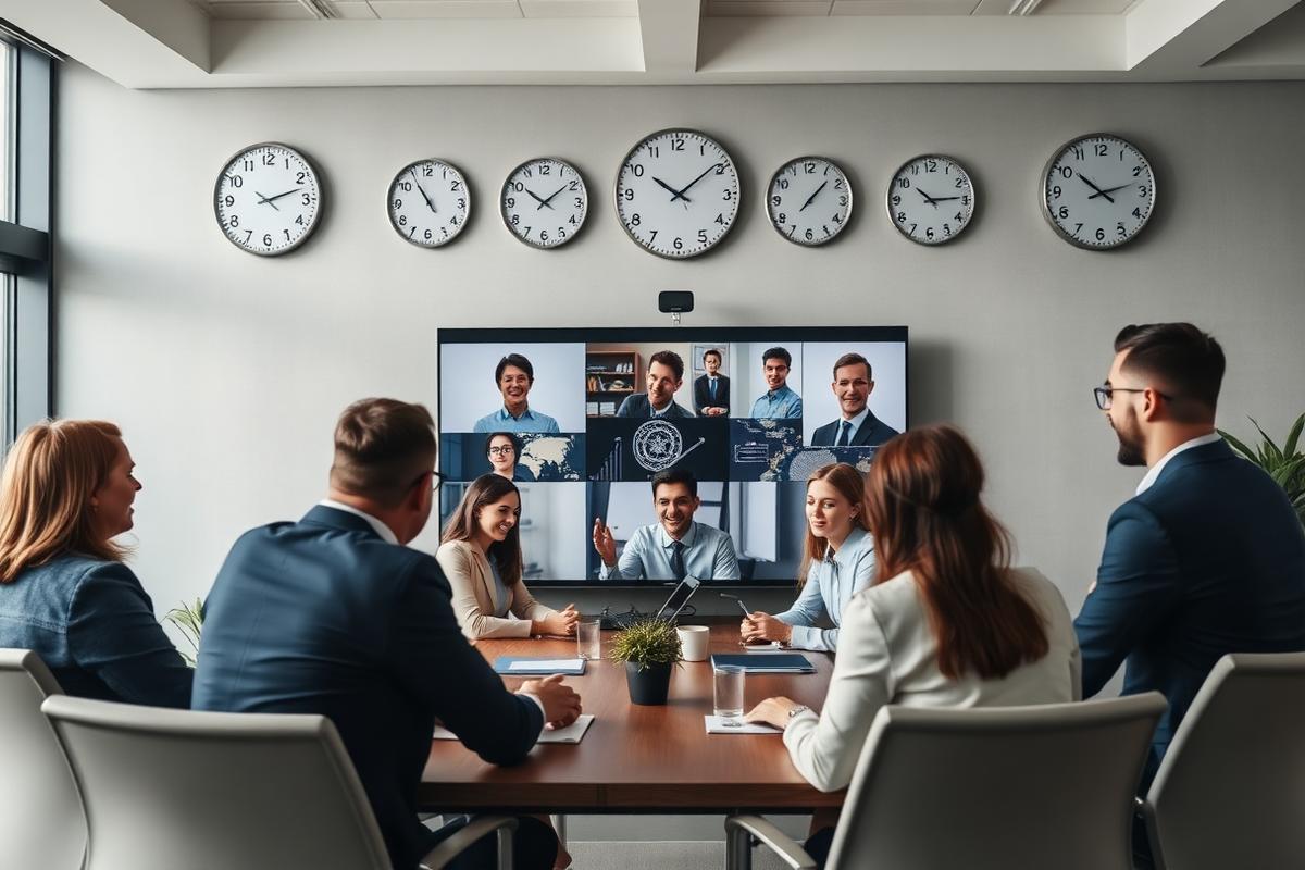 International team on a video conference beneath a row of time-zone clocks