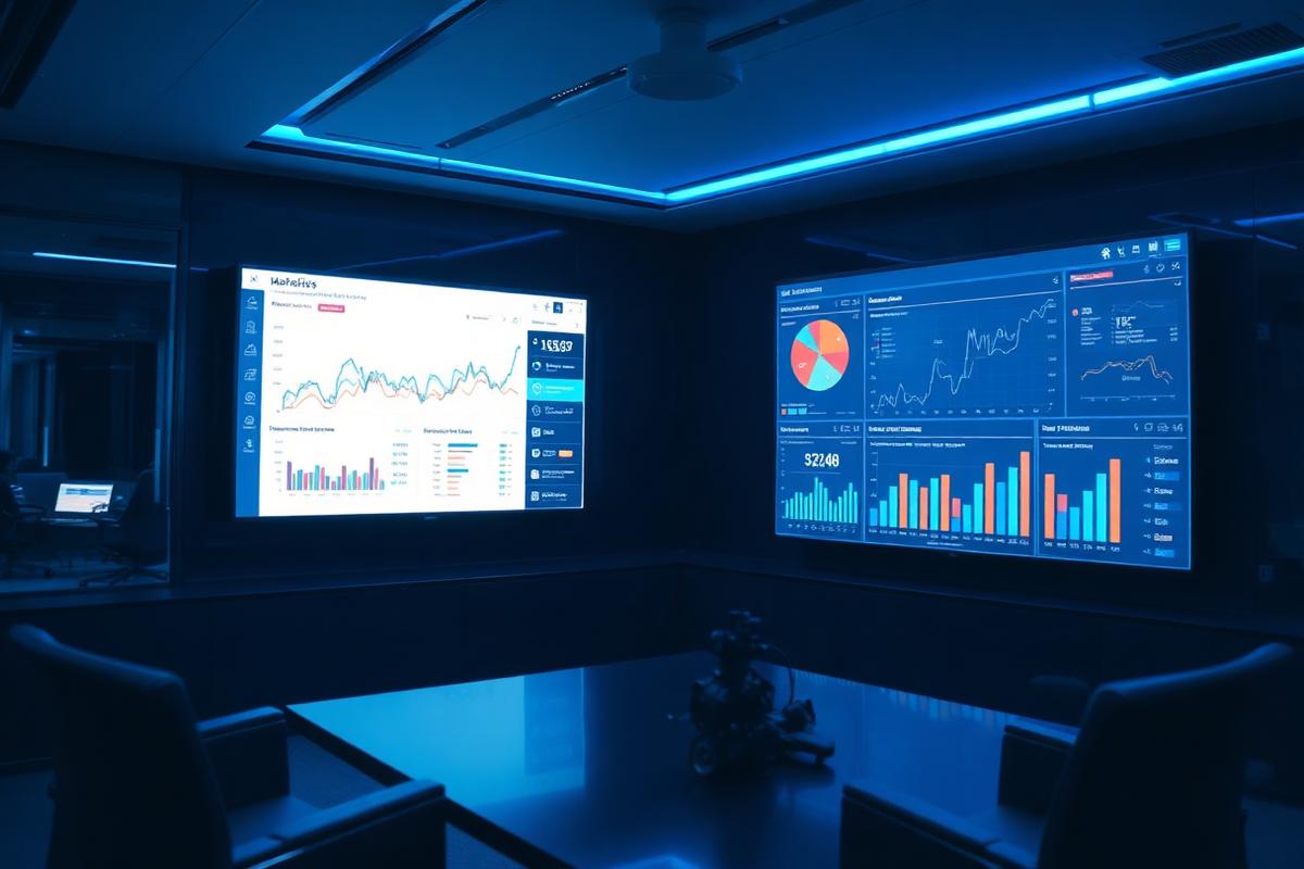 Marketing analytics dashboards displayed on large screens in a navy-toned office