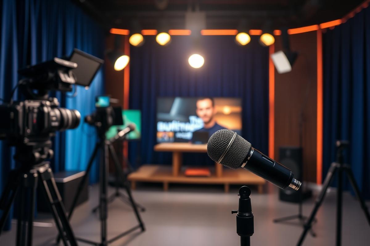Business television studio with broadcast cameras and a podcast microphone