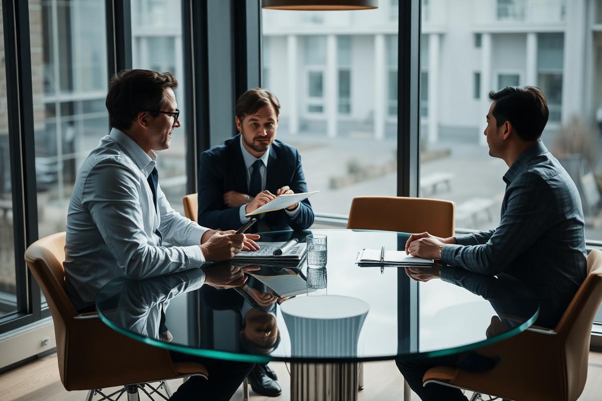 Sales leader briefing a small revenue team around a glass meeting table