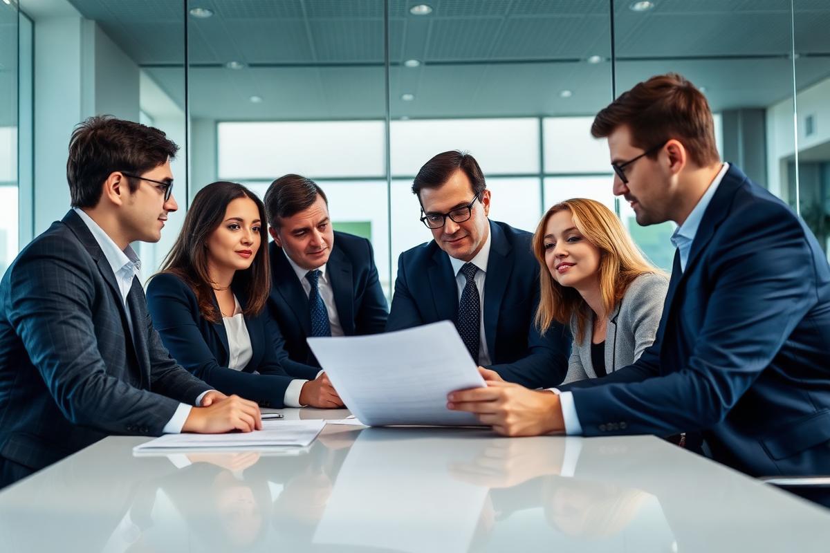 Enterprise sales team and client executives reviewing a proposal in a glass meeting room