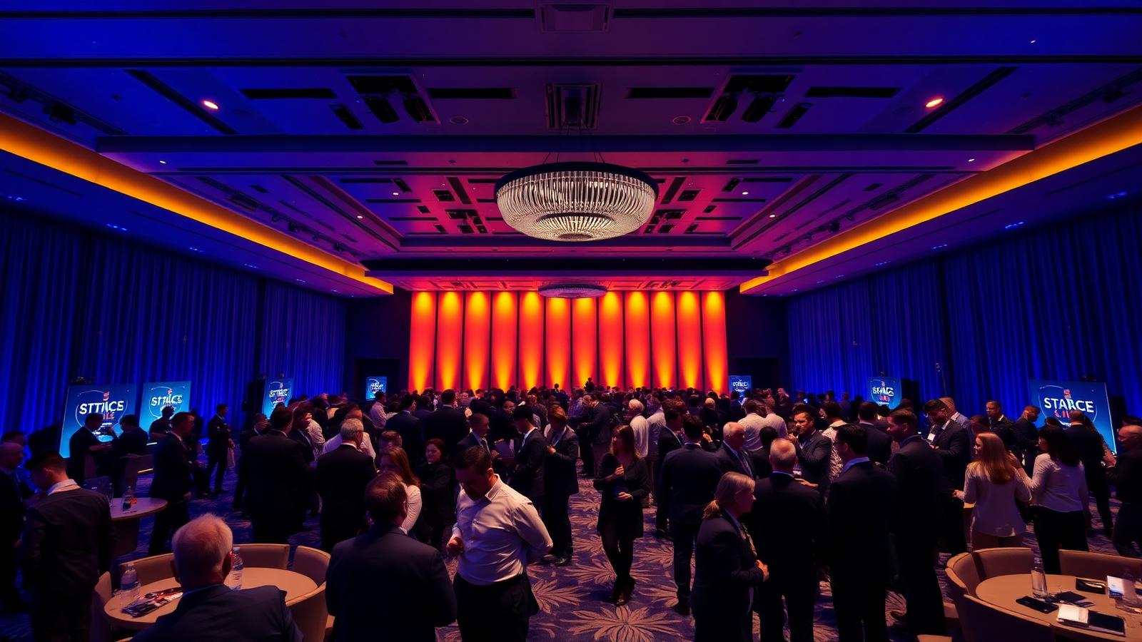 Delegates networking in a large corporate conference hall at blue hour