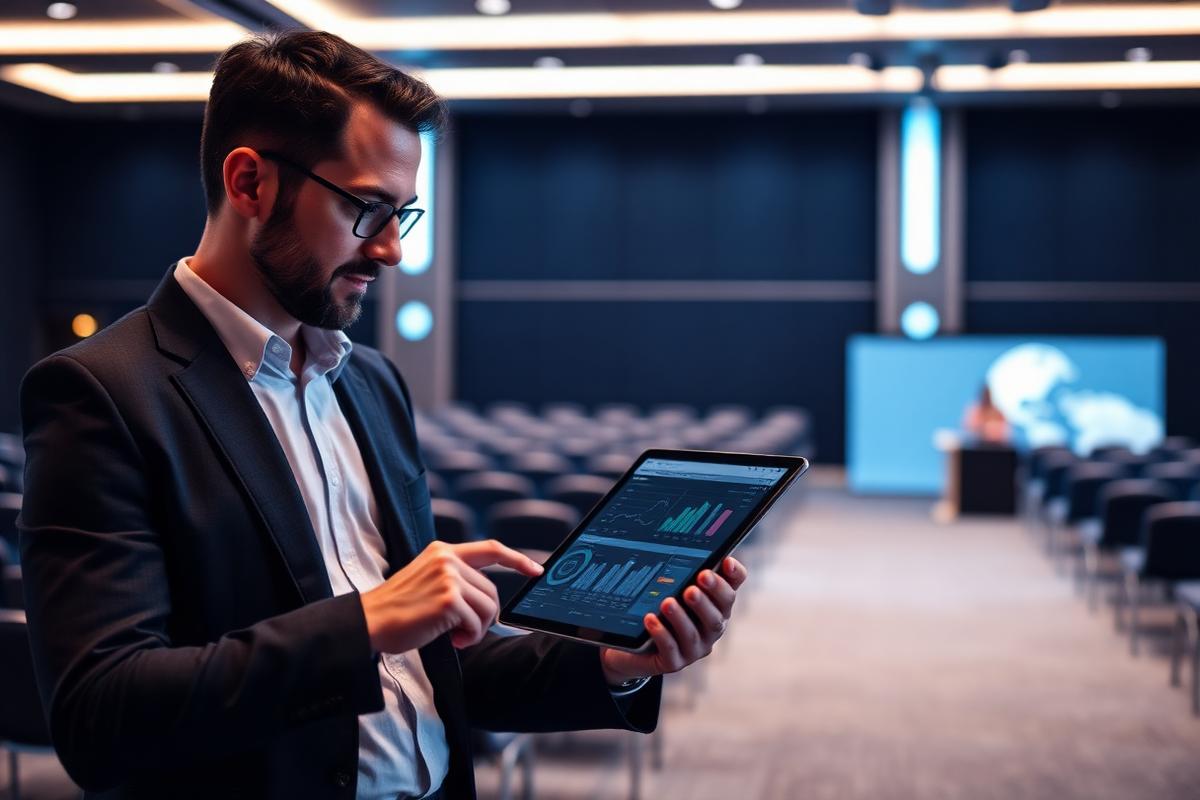 Event organiser reviewing performance dashboards on a tablet in a conference venue