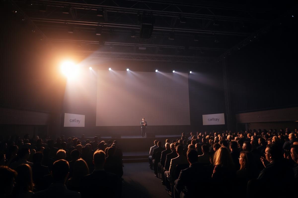 Corporate summit auditorium with a speaker on a lit stage