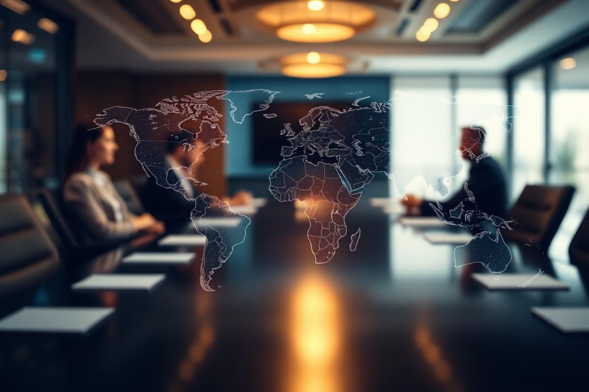 Translucent world map projected over a boardroom table with executives reviewing a global programme