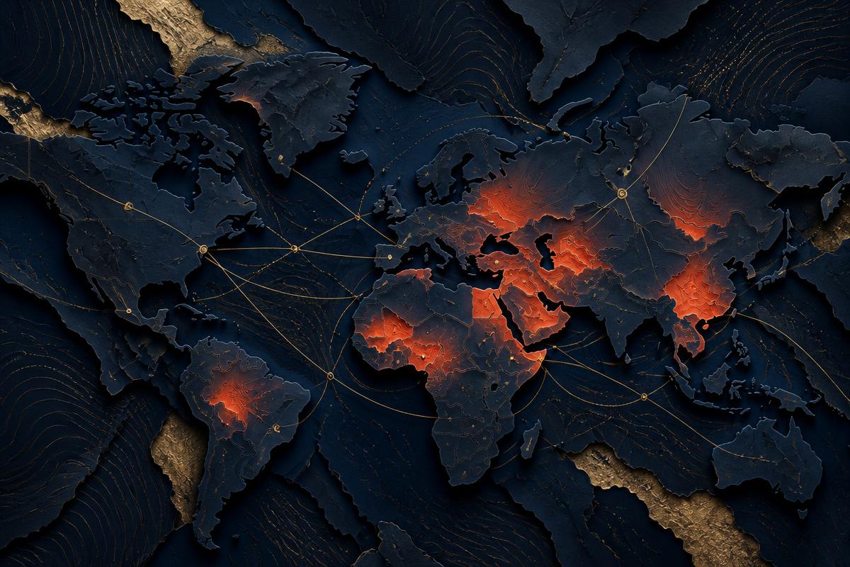 Dark navy world map with glowing terracotta conflict zones and gold trade corridors