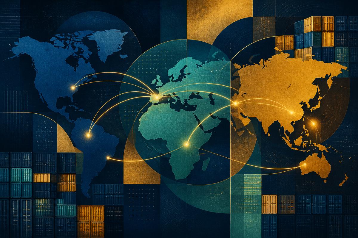 Abstract navy, teal and gold trade corridors linking continents above shipping containers