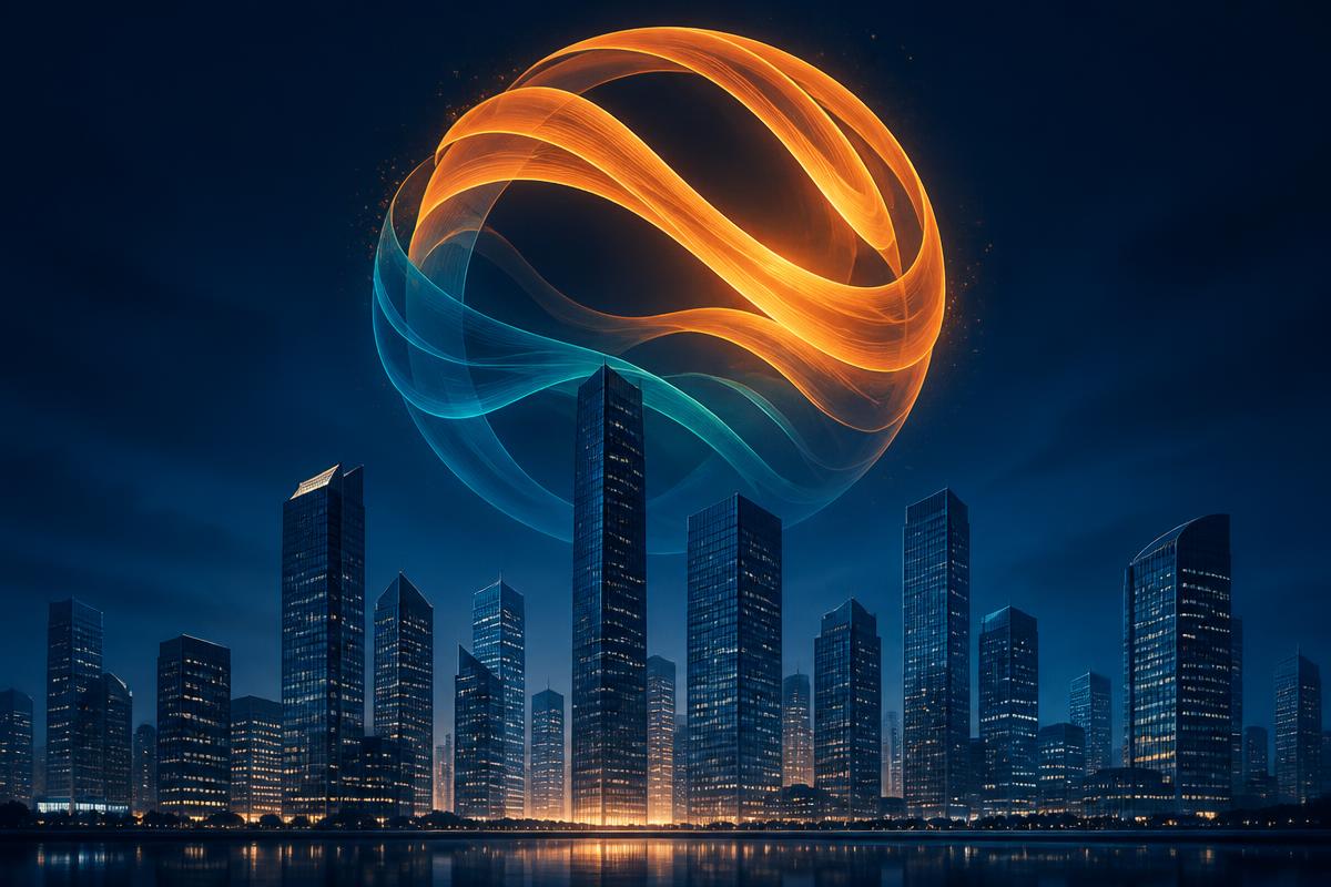 Glowing saffron and teal ribbon globe above a navy corporate skyline at night