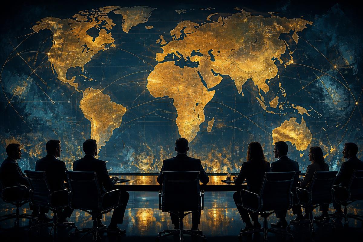 Executives in a darkened boardroom before an illuminated gold world map wall