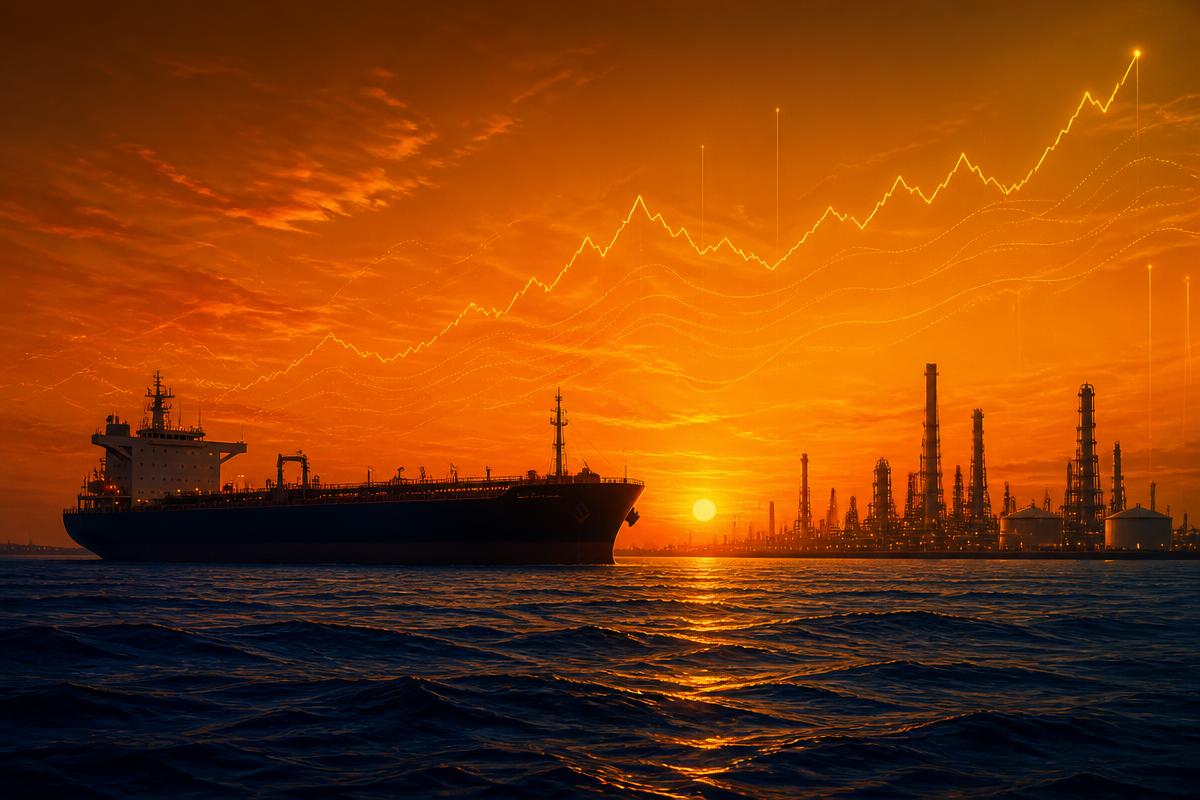 Oil tanker and refinery silhouettes against a saffron sunset over a dark sea