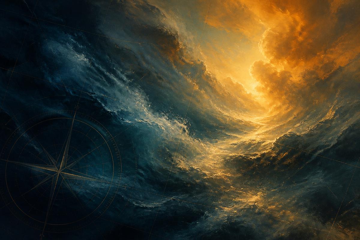 Abstract navy and saffron storm light with a faint gold compass rose