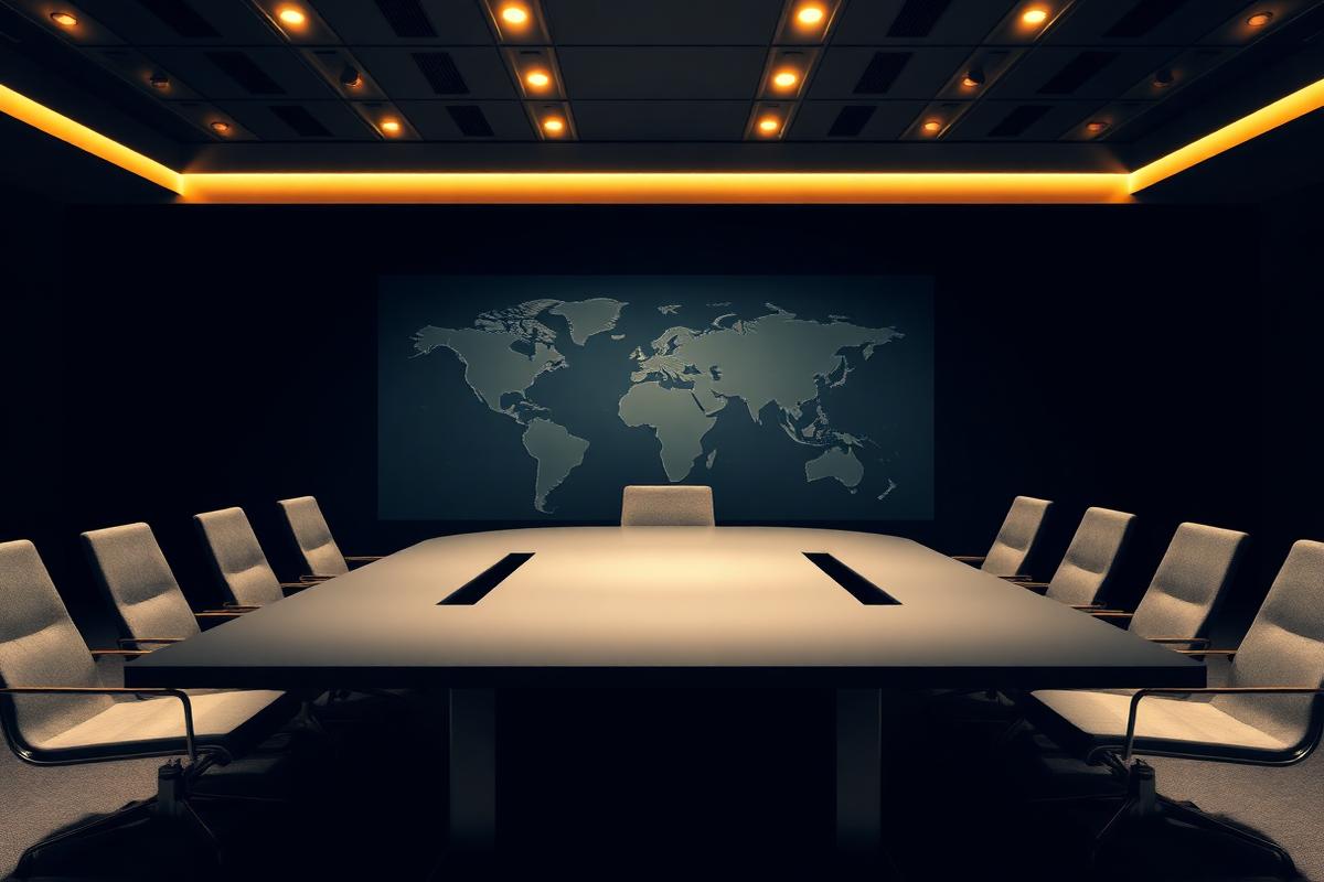 Darkened boardroom with a world map projection on the far wall