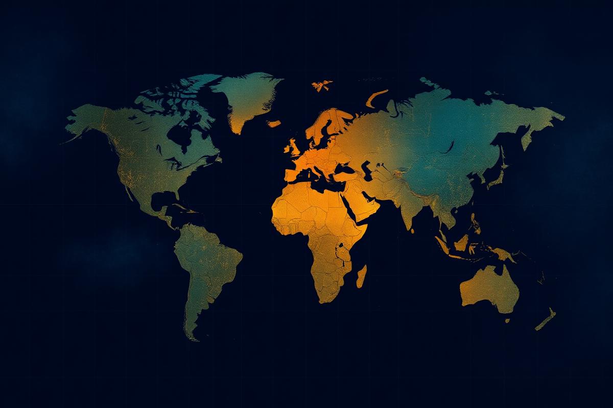Abstract world map with layered risk-heat gradients over deep navy