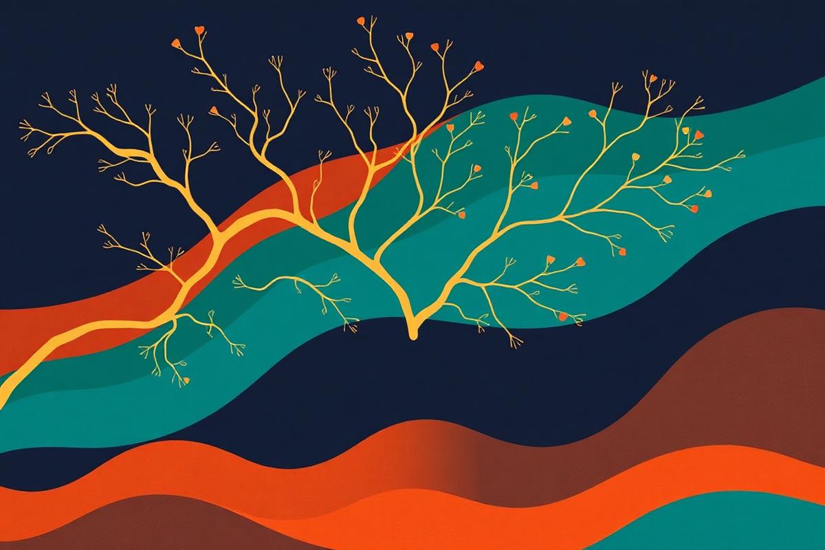 Abstract branching scenario paths in gold over navy, teal and terracotta bands