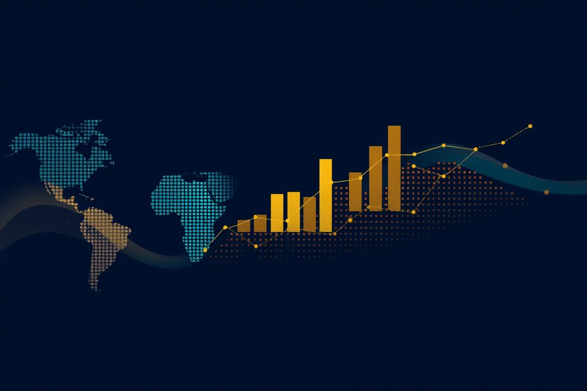 Abstract data visualisation of country risk scores in gold on deep navy