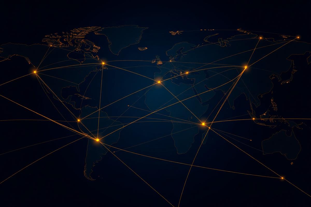 Global trade corridors and chokepoints drawn in gold lines on deep navy