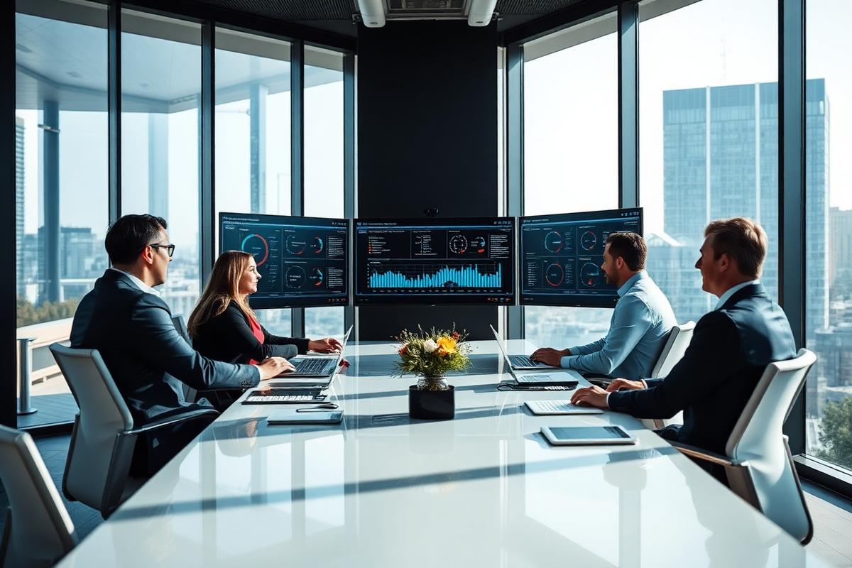 Program governance meeting with performance dashboards on screens