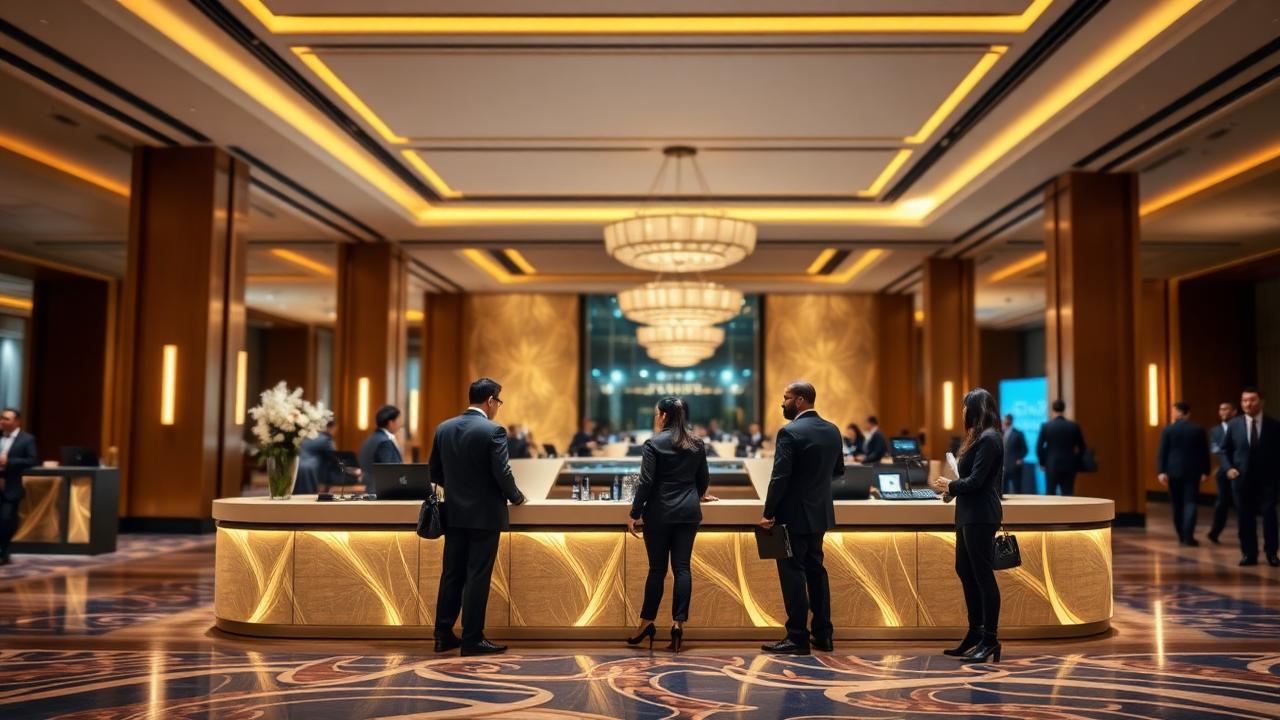 Delegates checking in at an elegant registration desk in an Indian convention hotel foyer