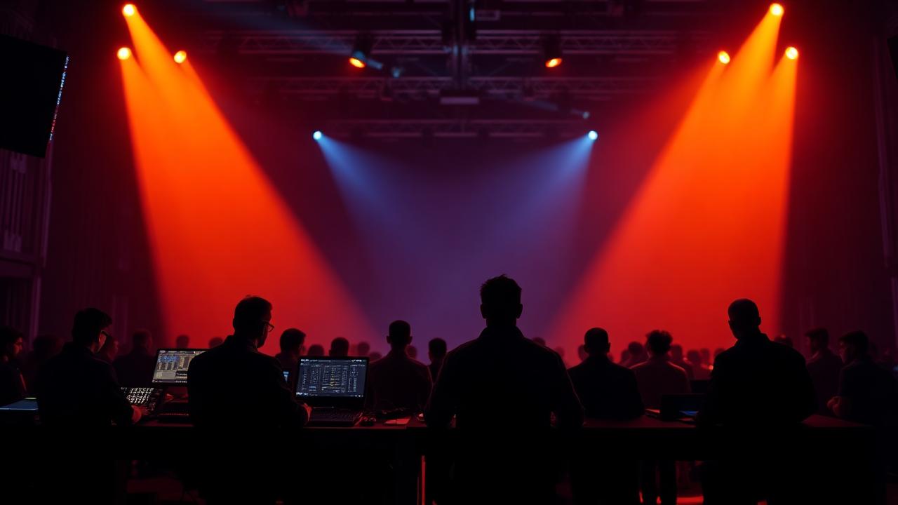 Technical crew at an AV production desk backstage at a large corporate conference in India
