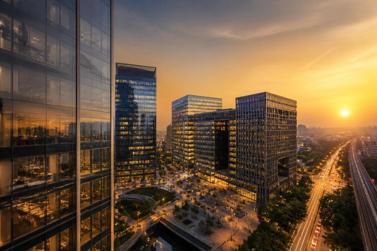 Indian metropolitan business district of glass office towers at golden hour, seen from above