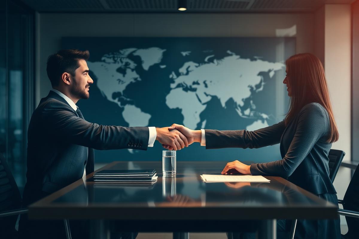 Two executives shaking hands in a boardroom with a world map behind them