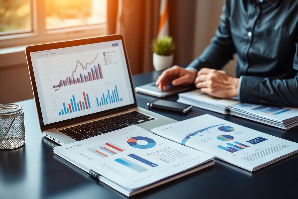 Researcher analysing market data charts beside printed reports on a desk