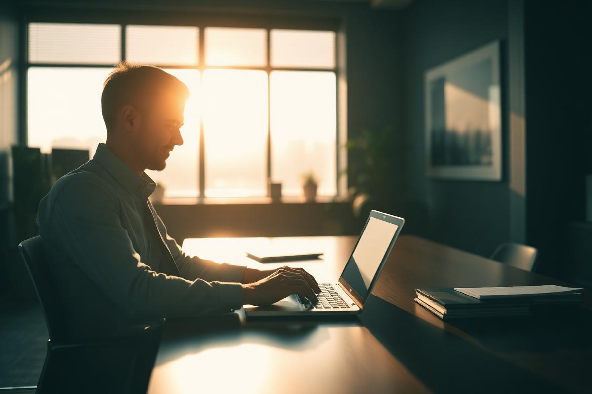 Professional composing a business outreach email at a desk at sunrise