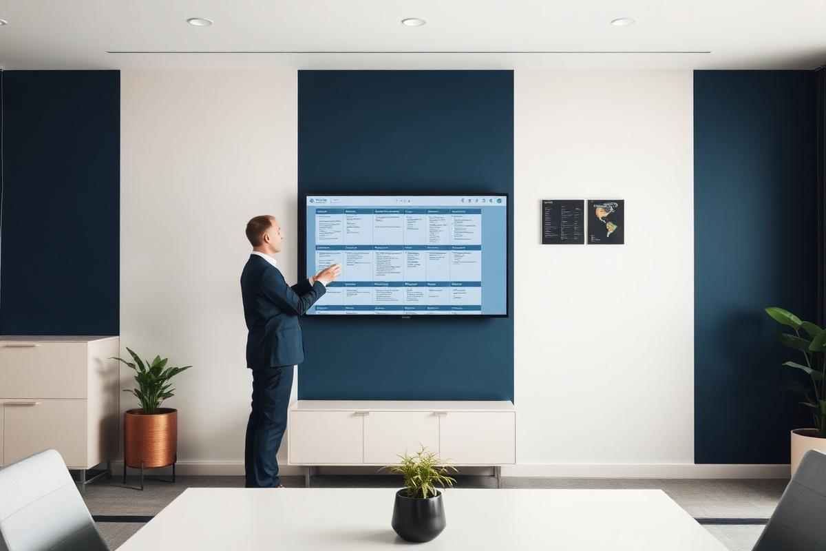 Senior consultant reviewing a programme plan on a wall-mounted screen