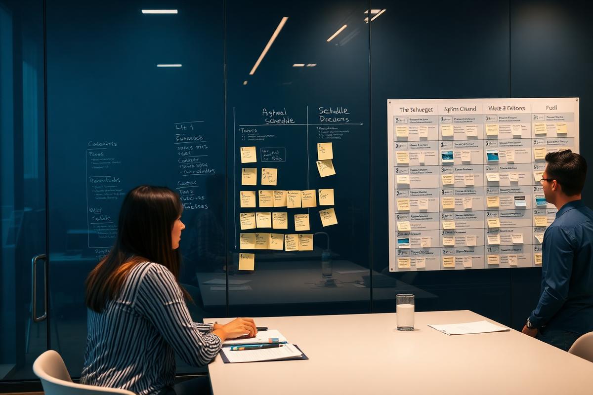 Delivery team reviewing sprint boards alongside a printed waterfall schedule