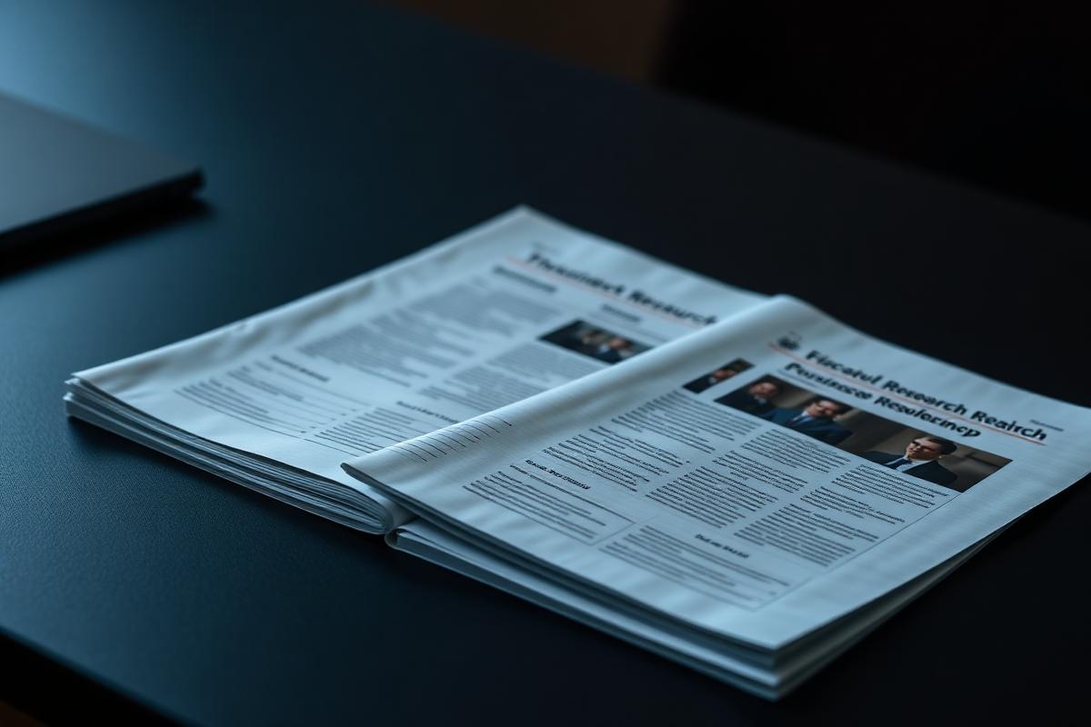 Printed business research reports and a folded business newspaper on a dark desk