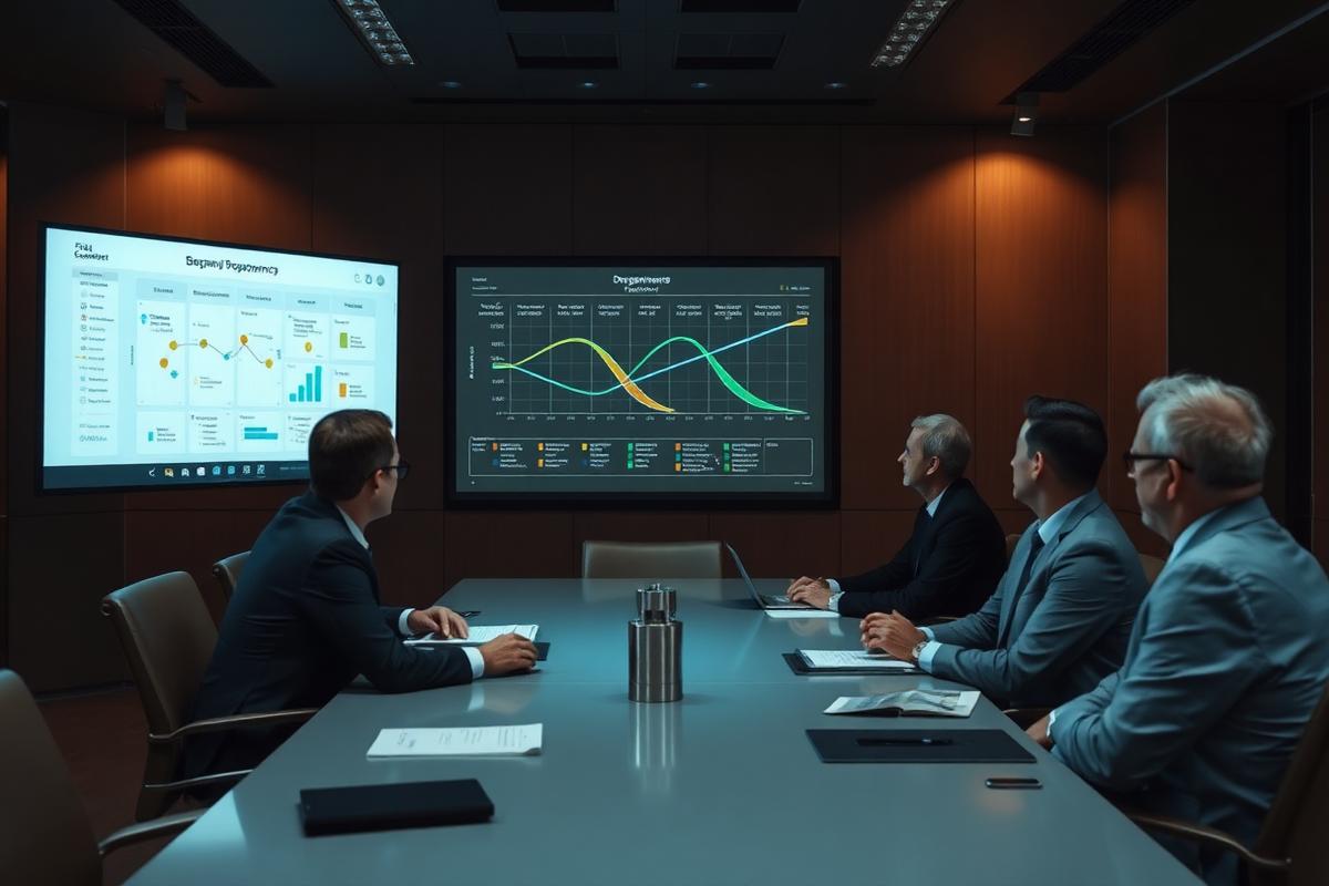 Executives in a boardroom reviewing a programme dependency map and milestone chart