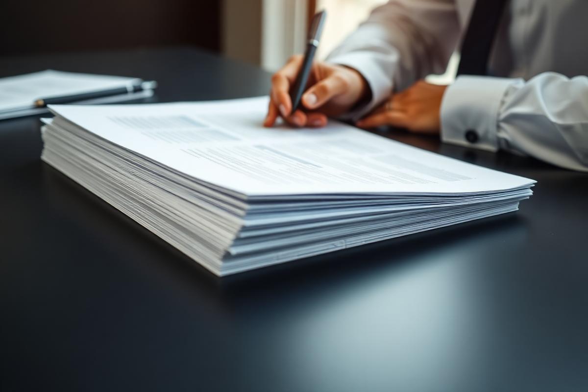 Executive reviewing a stack of proposal documents on a dark desk